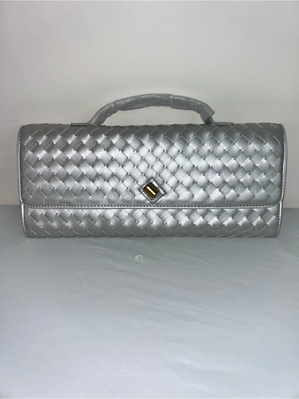 Woven Metallic Silver Top-Handle Clutch